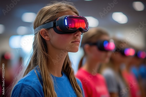 A young woman wears VR goggles while standing in a line of people wearing the same goggles.