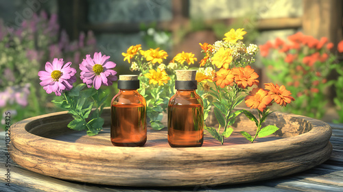 Natural oils and herbal poultices arranged on wooden tray with flowers photo