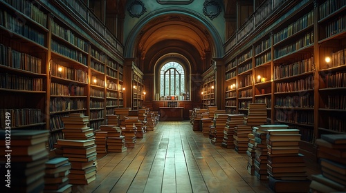 Elegant library setup for World Book Day featuring neatly arranged stacks of books on polished shelves warm lighting casting gentle shadows inspiring a love for literature in a serene environment