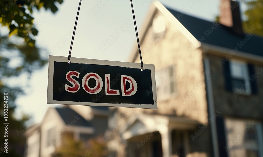 Sold sign in front of the suburban house. Real estate trading and property transactions concept. Lifestyle shot for poster, presentation, commercial Sold sign in front of the suburban house. Real estate trading and property transactions concept. Lifestyle shot for poster, presentation, commercial