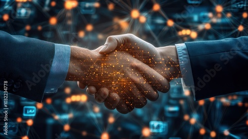 A business handshake is superimposed over a complex digital interface, symbolizing technology's role in agreements