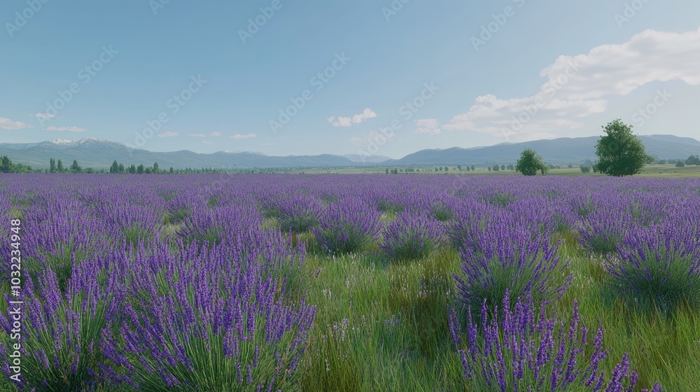 Fototapeta premium Expansive Lavender Field Under Clear Blue Sky