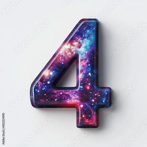 3D number 4 with galaxy print realistic modern design, soft lighting, white background 