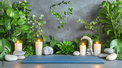 serene yoga mat surrounded by lush green plants and glowing candles creates calming atmosphere