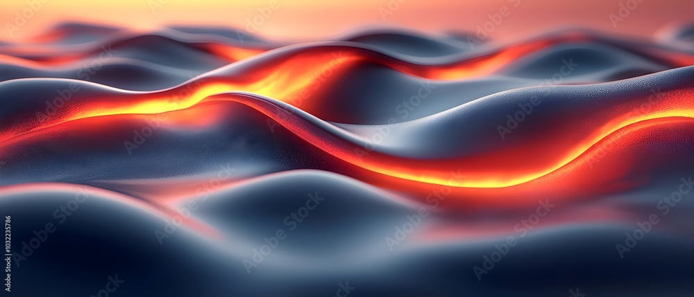Abstract 3D render of a glowing, molten lava-like river flowing over a dark, smooth surface. Abstract 3D render of a glowing, molten lava-like river flowing over a dark, smooth surface.