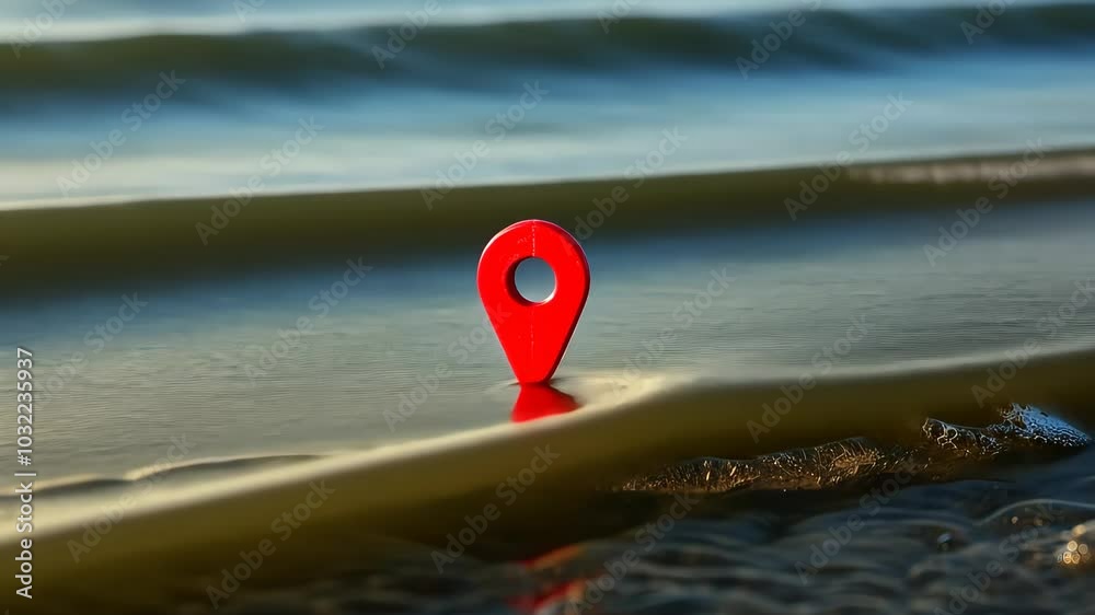 red location pin in ocean waves, symbolizing navigation and technology.