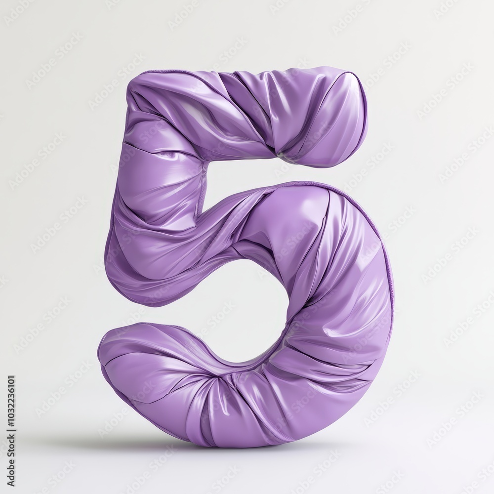3D number 5 with Inflate, puffy shapes made of purple soft detailed leather, folds and wrinkles on material realistic modern design, soft lighting, white background 3D number 5 with Inflate, puffy shapes made of purple soft detailed leather, folds and wrinkles on material realistic modern design, soft lighting, white background