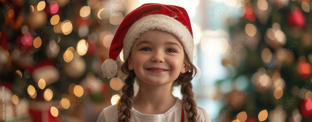 Smiling child in Santa hat with Christmas tree background. festive holiday atmosphere and joy Smiling child in Santa hat with Christmas tree background. festive holiday atmosphere and joy