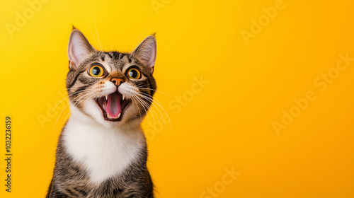 Surprised cat in yellow studio banner with copy space

