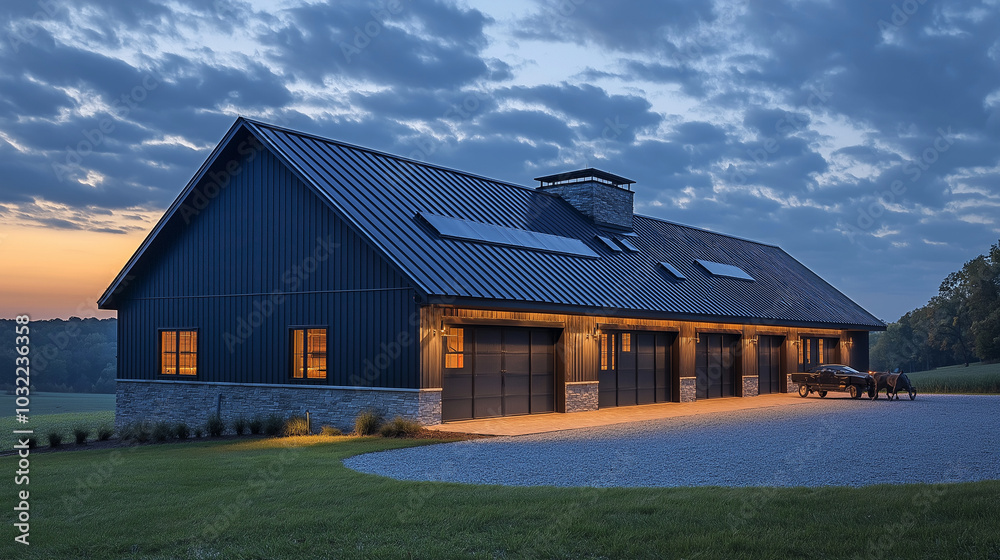 A sleek, eco-friendly barn utilizing smart systems for real-time data tracking and feed efficiency A sleek, eco-friendly barn utilizing smart systems for real-time data tracking and feed efficiency