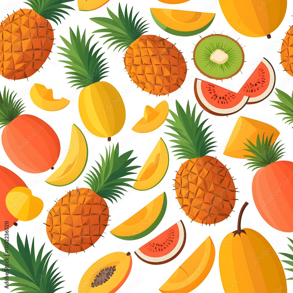 Vibrant tropical fruit pattern with pineapples, melons, and kiwis on white background, fresh design, copy space
Vibrant tropical fruit pattern with pineapples, melons, and kiwis on white background, fresh design, copy space