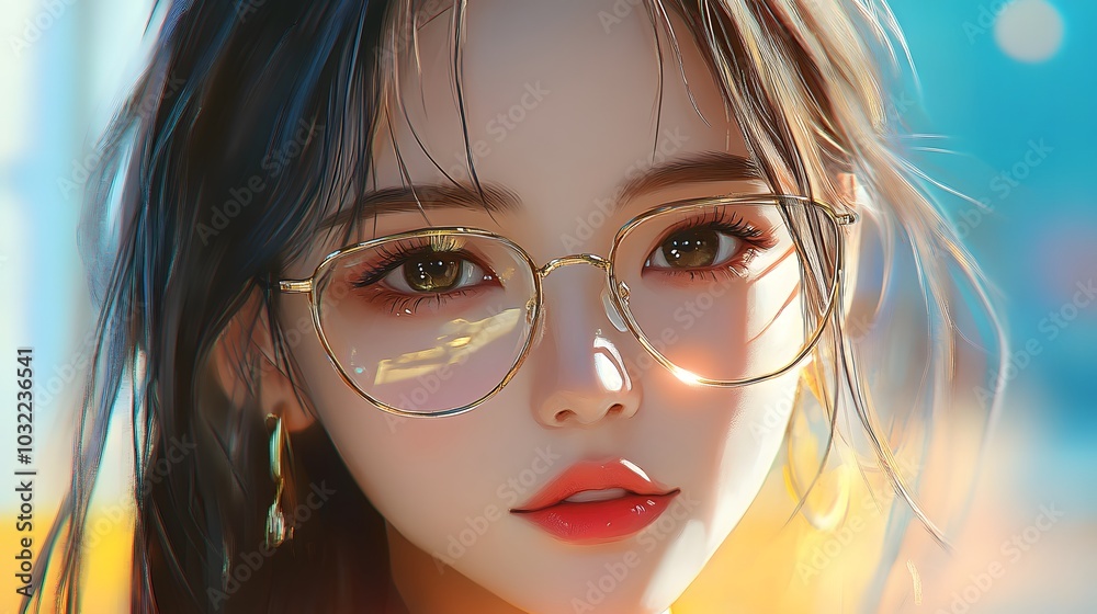 fashionable girl idol with glasses digital painting style, anime style fashionable girl idol with glasses digital painting style, anime style