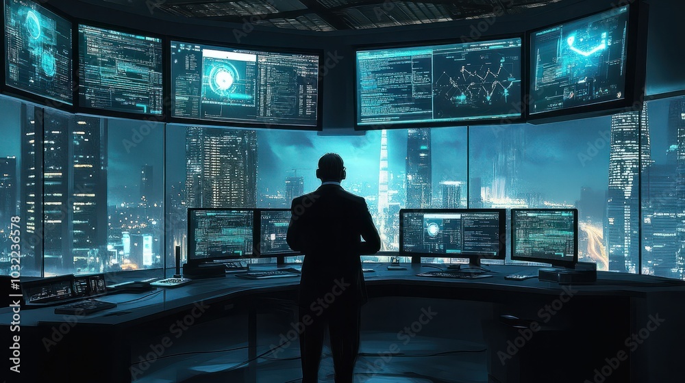 A high-tech command center displaying multiple screens with live cyber security updates, monitored by a faceless businessman. A high-tech command center displaying multiple screens with live cyber security updates, monitored by a faceless businessman.