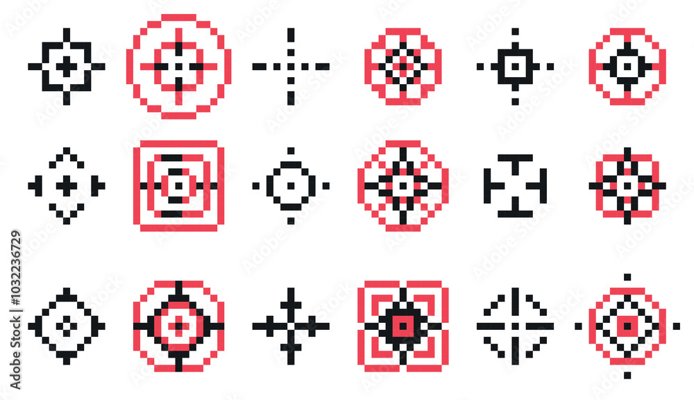 Pixel target icon. Retro video game crosshair aim, retro military gun scope, 8 bit bullseye target for hunting and archery. Vector flat focus and accuracy symbol Pixel target icon. Retro video game crosshair aim, retro military gun scope, 8 bit bullseye target for hunting and archery. Vector flat focus and accuracy symbol