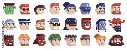 Game 8-bit avatar. Retro pixelated male and female characters avatars, old school 2d video game characters. Vector cartoon game faces set.