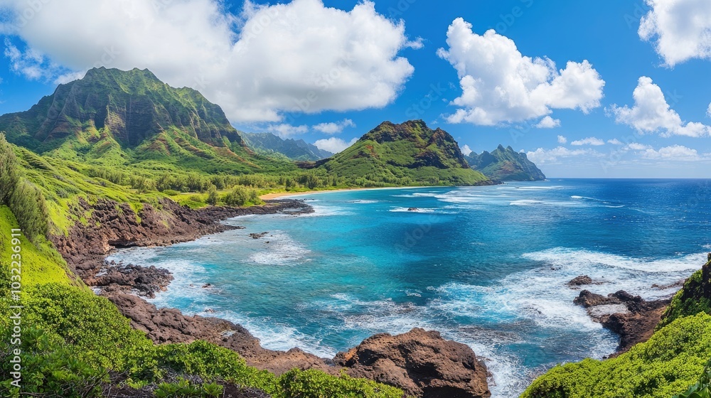 Scenic Coastal View of Lush Green Mountains and Ocean Scenic Coastal View of Lush Green Mountains and Ocean