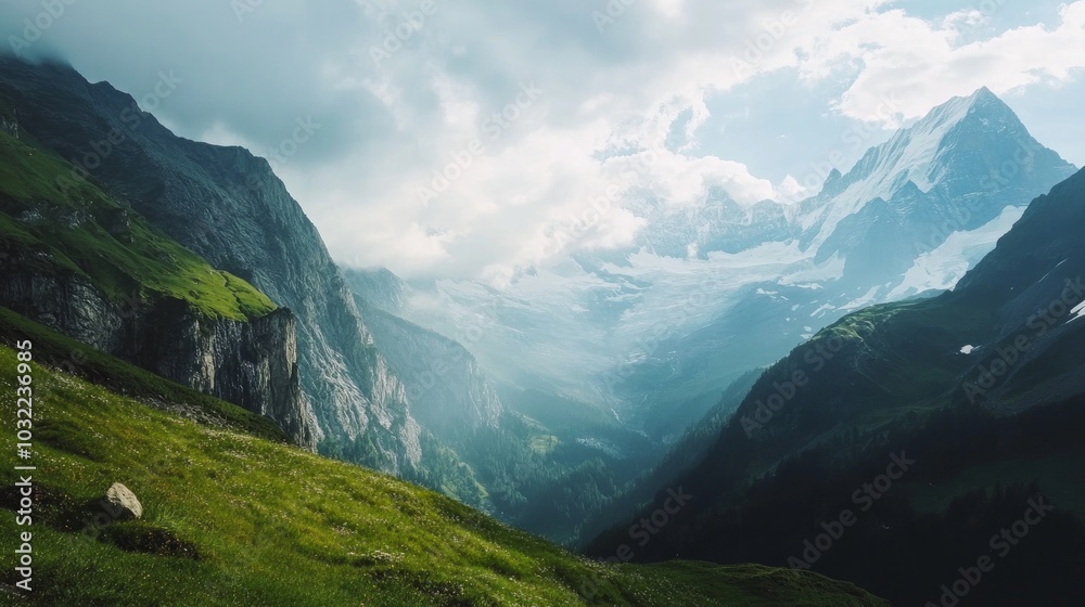 Naklejka premium Crossing the Swiss Alps via paragliding