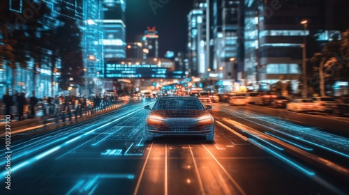 A modern car drives through a busy, illuminated city street, with digital data overlays depicting technological connectivity and smart city integration. photo