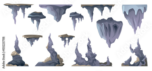 Cartoon stalactite. Geology underground formation of limestone rocks, volcanic cavern with stalagmites and stalactites flat style. Vector isolated set
