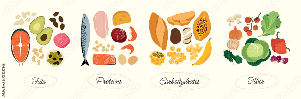 Macronutrients food groups. Cartoon balanced meal with proteins carbs and fats, healthy nutrition with complex proteins and fats. Vector isolated set