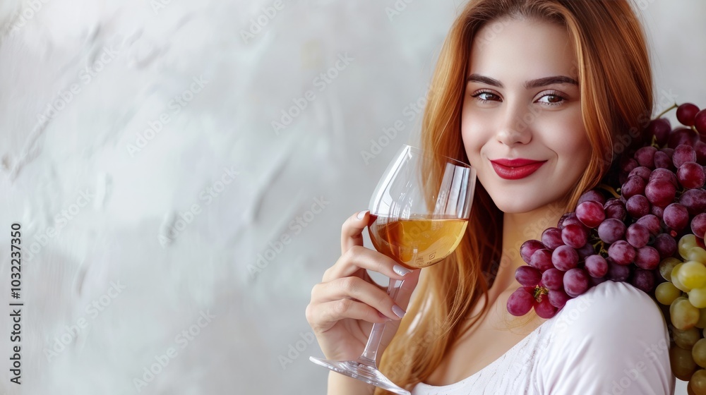 Elegant Wine Delight: A Graceful Young Lady with Glass of Wine and Grapes against a Radiant Light Ba Elegant Wine Delight: A Graceful Young Lady with Glass of Wine and Grapes against a Radiant Light Ba