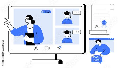 Online education scene with a teacher on a video call, participants, a certificate, and a cashback notification. Ideal for e-learning, educational technology, virtual classrooms, online