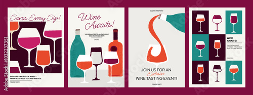 Wine posters. Abstract wine tasting background with bottles glasses and corkscrew, fruits and appetizers wineglass with wine splash. Vector minimalist flyer cover set