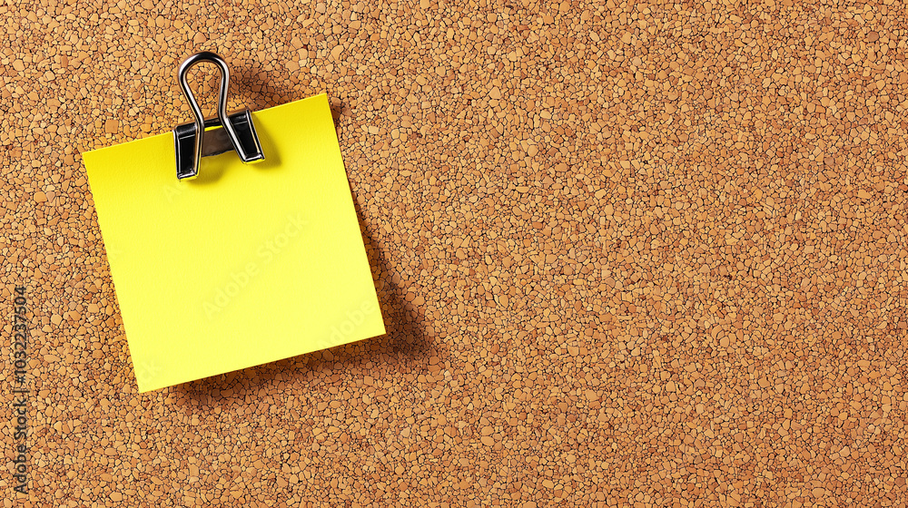 Yellow sticky note pinned to corkboard with binder clip
Yellow sticky note pinned to corkboard with binder clip