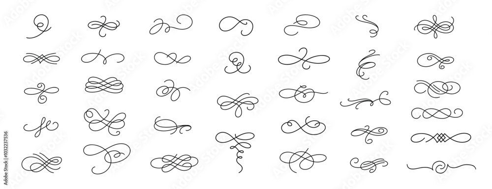 Line flourish swirl. Elegant decorative filigree flourishes script cursive swirls, ornamental flourish corner decorative elements. Vector collection