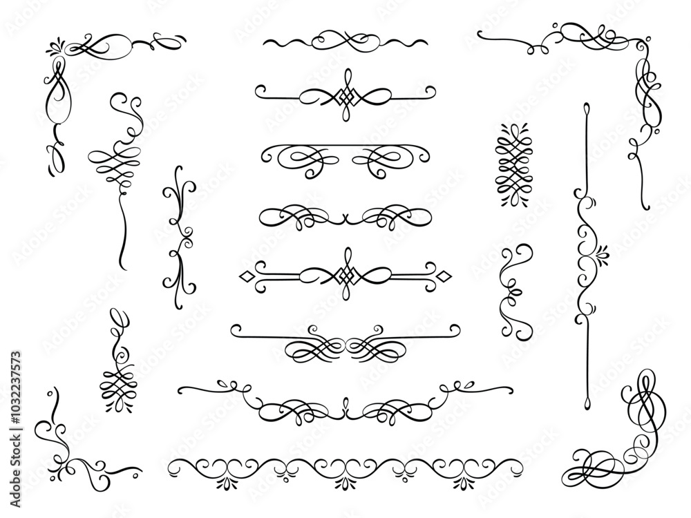Ornamental calligraphy elements. Elegant vintage flourish swashes and frames for wedding invitation card and greeting cards. Vector isolated set