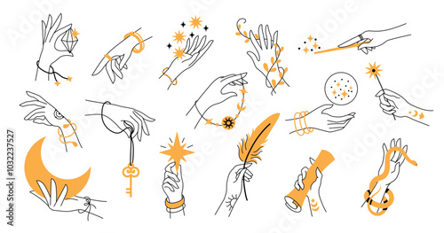 Mystical boho hands. Elegant woman hand with jewelry, magic esoteric symbols and delicate floral temporary tattoo boho design. Vector set
