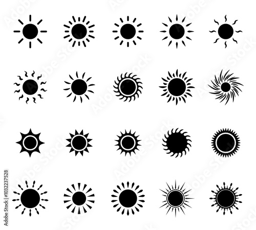 set of black and white sun icon