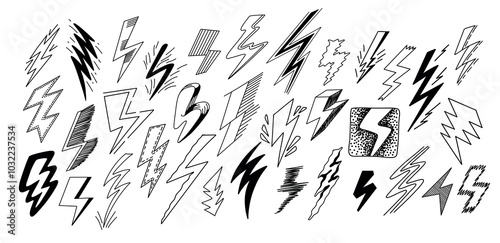 Lightning doodle sketch. Retro hand drawn electric bolt strike and thunder flash icons. Cute scary scribble thunderstorm weather signs vector set