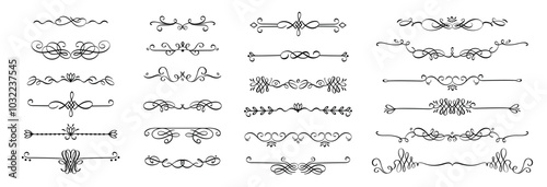 Calligraphy dividers. Ornamental decorative elements with flourishes for headings and titles, elegant vintage flourish frames. Vector isolated set.