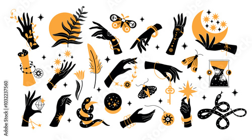 Black boho hands. Abstract womans tattooed hands with jewelry, vintage fashion bracelets and rings, mystic esoteric boho symbols. Vector isolated set.