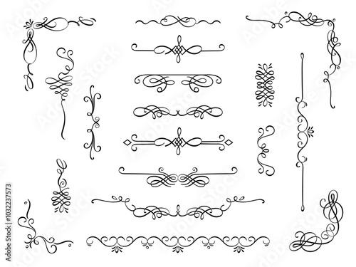 Ornamental calligraphy elements. Elegant vintage flourish swashes and frames for wedding invitation card and greeting cards. Vector isolated set