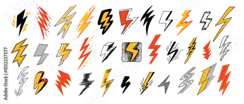 Thunderbolt doodle icons. Hand drawn lightning strike sketch, cute electricity energy retro symbols, quirky hand drawn electric shock signs. Vector isolated set.