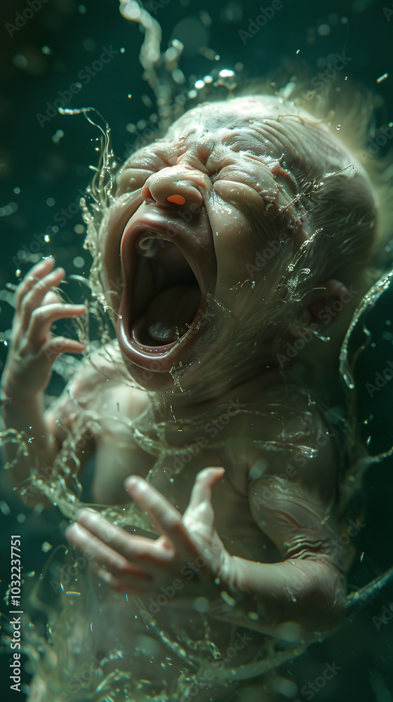 Fototapeta premium Newborn baby crying in splashing water, realism