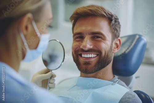 Happy male patient holding mirror, checking results of dental treatment, looking at mirror and smiling, sitting in dental chair with female doctor, Generative AI