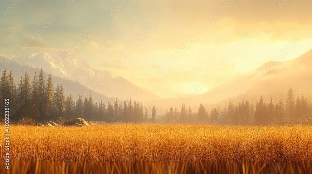 Serene Landscape with Golden Fields and Mountains Serene Landscape with Golden Fields and Mountains