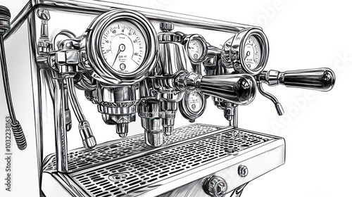 Close-up of a professional espresso machine with chrome finish and gauges.