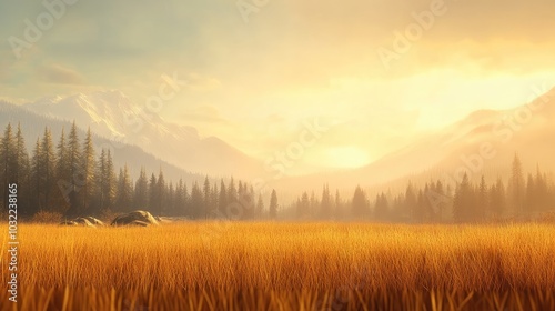 Serene Landscape with Golden Fields and Mountains