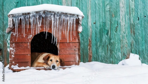 Sad depressed puppy dog pet outside in the freezing cold winter snow in a house covered with ice and icicles. 