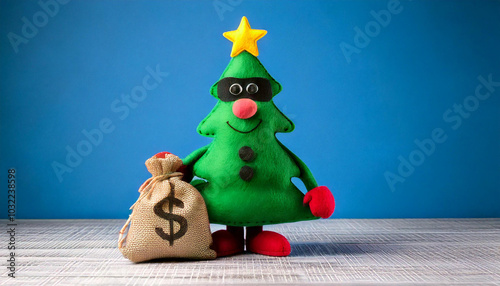 Funny Christmas Tree Character Robber Stealing Money By Inflation. Consumerism, Commercialism, Overspending and Economic Hardship During The Holiday Season.  photo