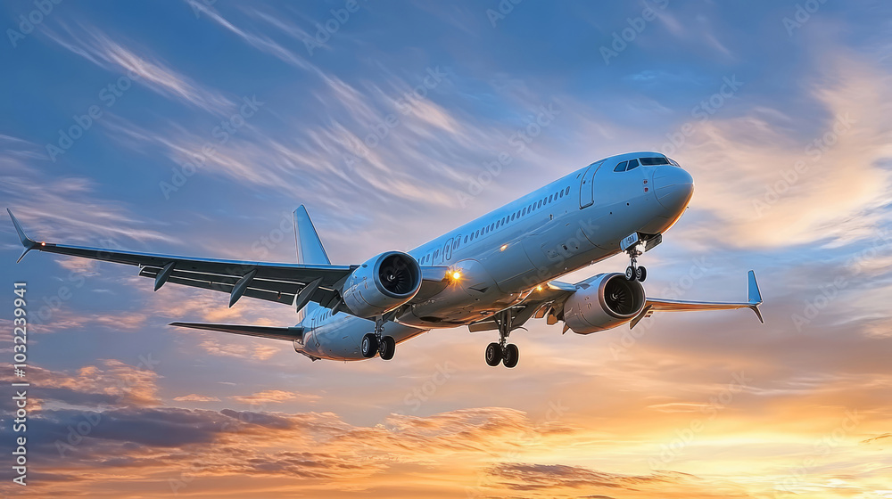 Large aircraft flying in the sky at sunset, tourism business travel Large aircraft flying in the sky at sunset, tourism business travel