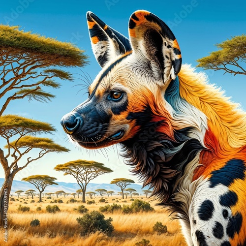 Portrait of African hunting dog, hyena dog, cape hunting dog, lycaon pictus
