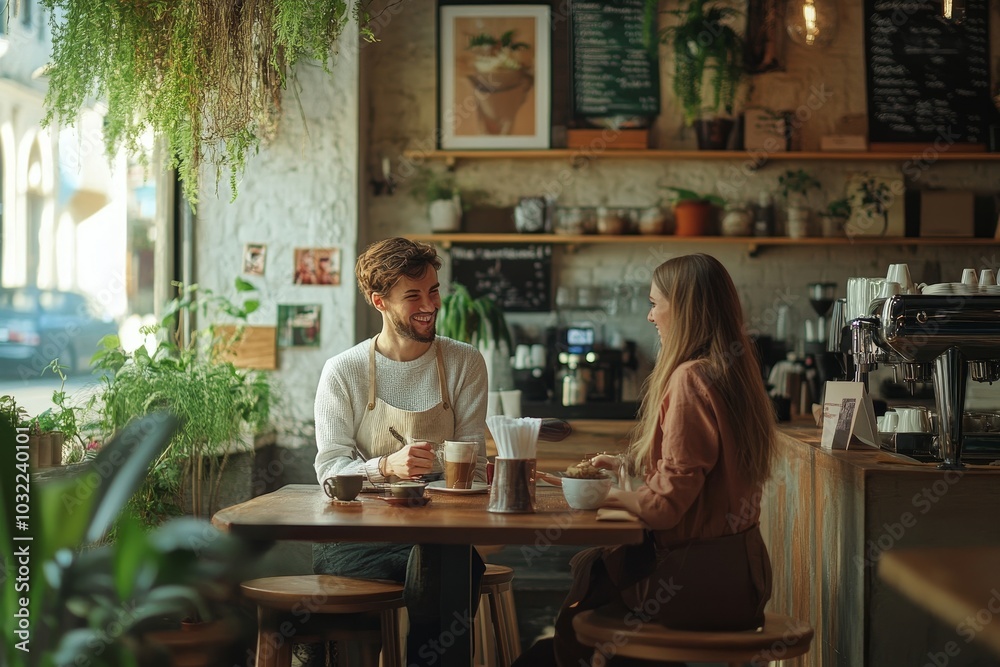 Coffee house service concept. Waitress serving coffee drinks to cheerful couple visitors waiting at cafe table, Generative AI