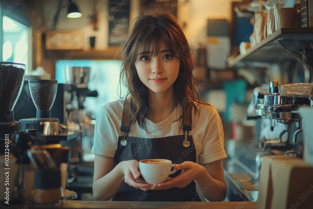 Female barista with cup of coffee on counter, preparing order for customer, young small business startup entrepreneur, Generative AI Female barista with cup of coffee on counter, preparing order for customer, young small business startup entrepreneur, Generative AI