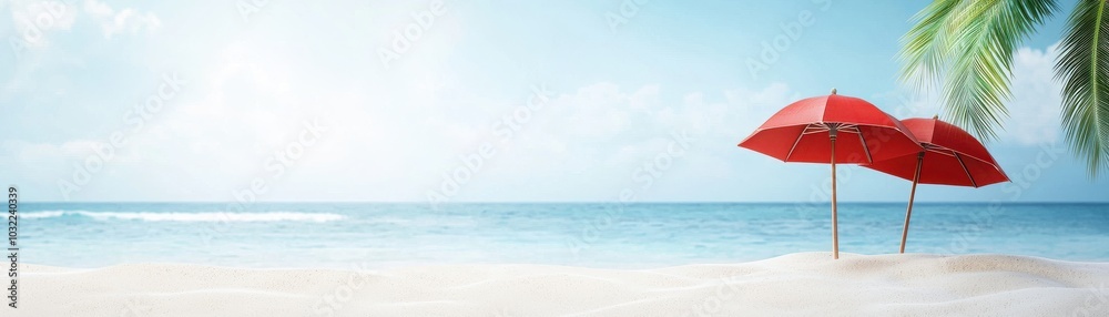 Relaxing beach scene with red umbrellas under a clear blue sky and gentle waves. Relaxing beach scene with red umbrellas under a clear blue sky and gentle waves.