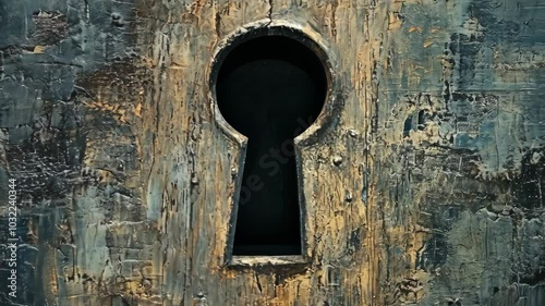 A weathered keyhole is set into a rough, dark wooden door